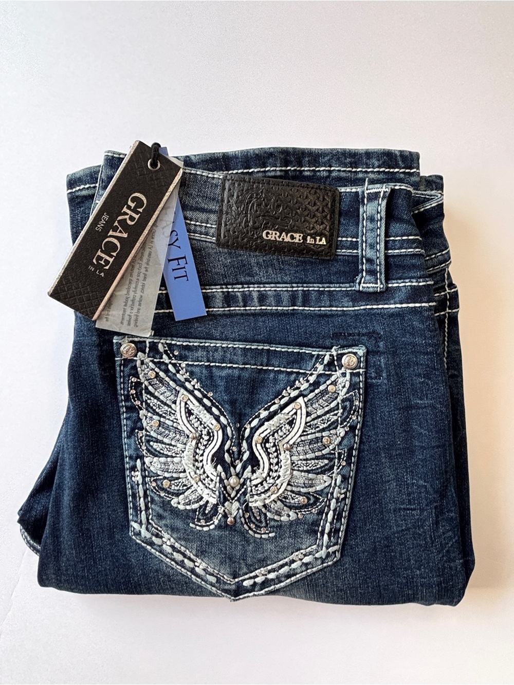 Grace in LA Easy Fit Jeans 32 NWT Wing Rhinestone Embellished Bootcut